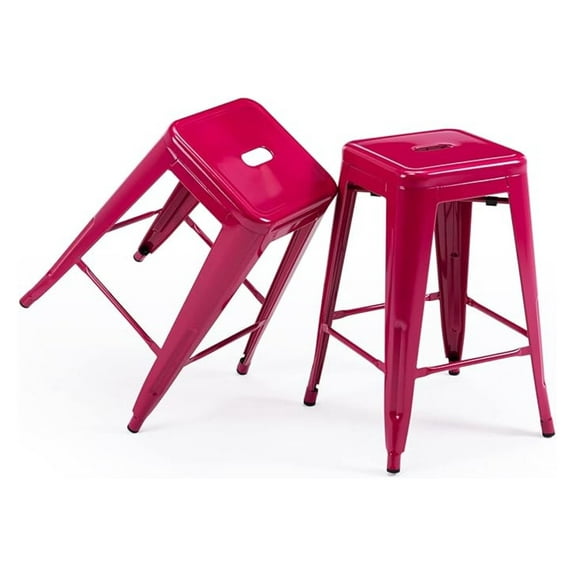 Beran7 24 Inch Metal Bar Stools, Backless Counter Height Barstools, Indoor Outdoor Stackable Stools with Square Seat, Set of 2 (Hot Pink)