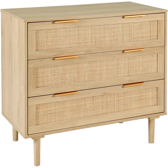 Beran7 3 Drawer Dresser for Bedroom, Rattan Modern Closet Dressers Chest of Drawers, Wood Oak Storage Chest for Kids Bedroom, Hallway, Living Room