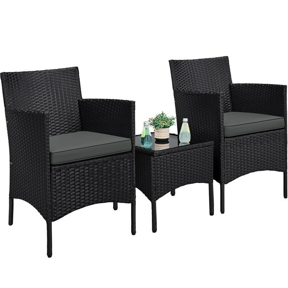 Beran7 3 Pieces Patio Porch Furniture Set, Outdoor PE Rattan Wicker Conversation Set with Soft Cushions, Glass Coffee Table & 2 Chairs for Garden/Deck/Courtyard/Poolside,Black/Gray