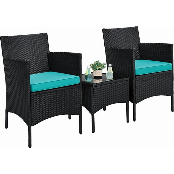 Beran7 3 Pieces Patio Porch Furniture Set, Outdoor PE Rattan Wicker Conversation Set with Soft Cushions, Glass Coffee Table & 2 Chairs for Garden/Deck/Courtyard/Poolside,Black/Cyan