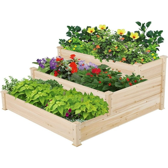 Beran7 3 Tier 47 x 47 x 22in Raised Garden Bed Horticulture Outdoor Elevated Flower Box Tiered Garden Bed Wooden Vegetables Growing Planter for Backyard/Patio/Gardener