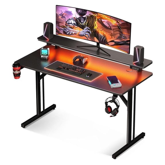 Beran7 39 Inch Small Gaming Desk with LED Lights, Computer Desk Gaming Table with Monitor Shelf, Gamer Desk with Carbon Fiber Texture, Kids Boys Desk Gift for Men