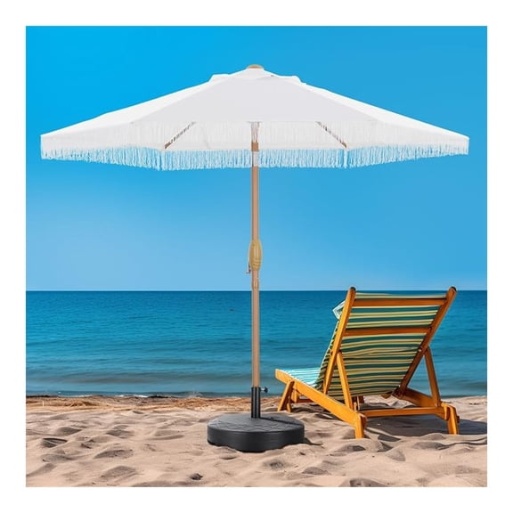 Beran7 7.5 ft Tassel Patio Umbrella, Fringe with Base Umbrella - Stylish Beach, Pool, and Yard Umbrella for Ultimate Outdoor Decor, White