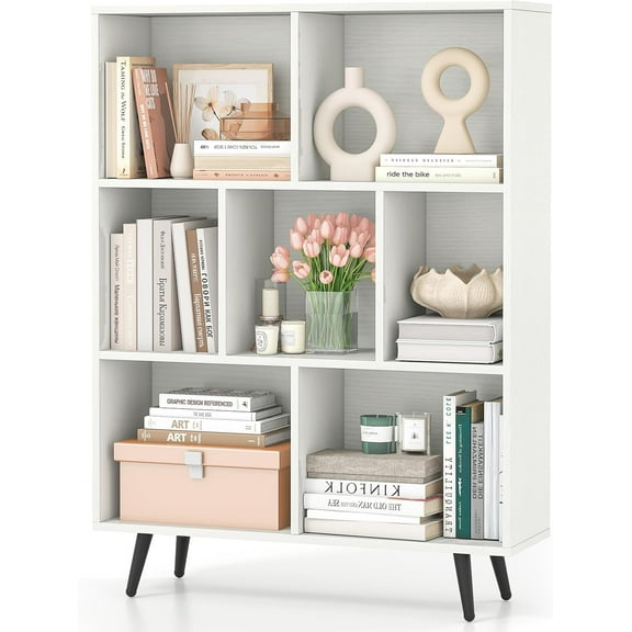 Beran7 7-Cube Bookcase, Modern Storage Bookshelf with 4 Tapered Metal Legs & 2 Anti-Tip Kit, Freestanding Display Rack for Living Room, Study Room (White, 7-Cube)