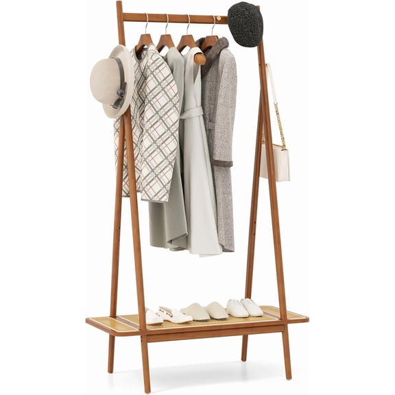 Beran7 Bamboo Clothing Rack, 65.5” Clothes Rack with Top Hanging Rod, Rattan Shelf & 5 Copper Hooks, Large Garment Rack, Cloth Hanger Standing Organizer for Coats, Bags & Shoes (Brown)