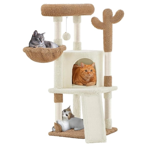 Beran7 Cactus Cat Tree, 42in Cat Tower for Indoor Cats, Multi Level Kitten Condo Scratching Post, Pet Activity Center Furniture w/Ball, Plush Perch, Platform, Basket, Beige/Brown