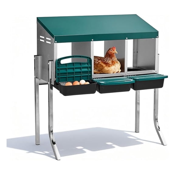 Beran7 Chicken Nesting Boxes, 3 Compartments Metal Nesting Boxes for Chickens with Metal Legs, Wall/Floor Mount for Laying Eggs with Swing Perch and Roll Away Egg Collection for Chicken Coop, Green
