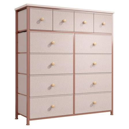 Beran7 Dresser for Bedroom with 12 Drawers, Fabric Dressers & Chest of Drawers with Sturdy Metal Frame, Wood Top, for Woman, 40.6" W x 11.8" D x 44.5" H (Pink)