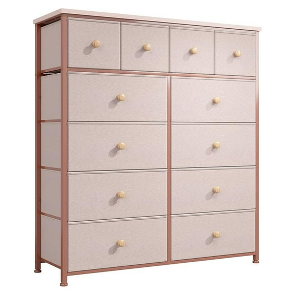 Beran7 Dresser for Bedroom with 12 Drawers, Fabric Dressers & Chest of Drawers with Sturdy Metal Frame, Wood Top, for Woman, 40.6" W x 11.8" D x 44.5" H (Pink)