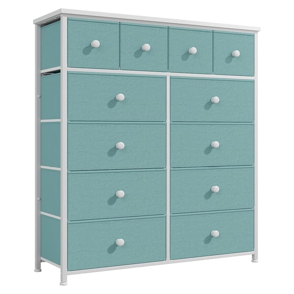 Beran7 Dresser for Bedroom with 12 Drawers, Fabric Dressers & Chest of Drawers with Sturdy Metal Frame, Wood Top, for Woman, 40.6" W x 11.8" D x 44.5" H (Turquoise)