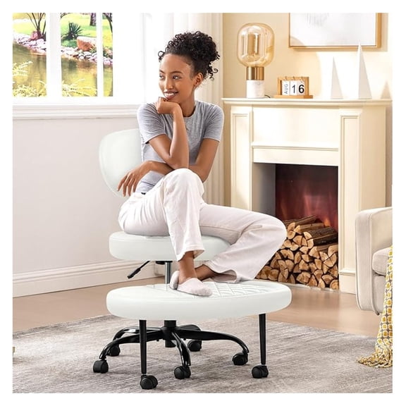 Beran7 Ergonomic Cross Legged Office Chair with Wheels - Adjustable Height for Meditation, ADHD Desk & Yoga - Wide Criss Cross Design with Lumbar Support, Kneeling Chair - White