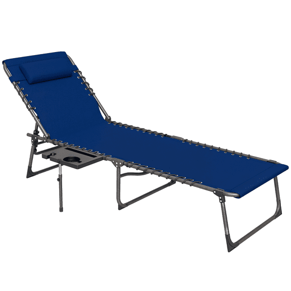 Beran7 Folding Chaise Lounge Chair Outdoor Tanning Chair with Side Table, 5-Level Adjustable Beach Lounge Chair with Headrest, Side Pocket for Patio, Backyard, Beach, Poolside,Dark Blue