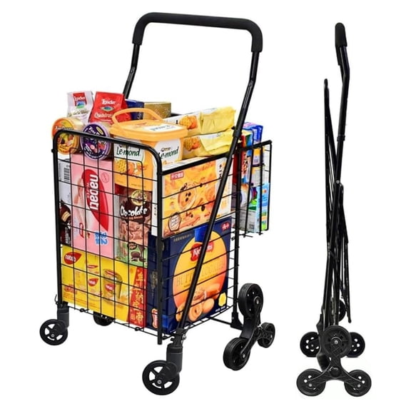 Beran7 Grocery Shopping Cart with 360° Rolling Swivel Wheels Stair Climber Utility Cart Easily Collapsible Cart with Tri-Wheels, 66lb Extended Foam Cover, Trolley for Stair, Laundry, Travel (Black)