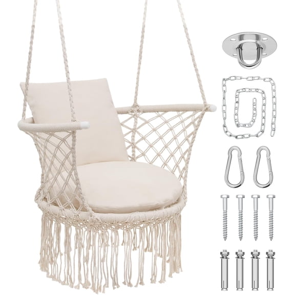 Beran7 Hammock Swing Chair with Cushion, Outdoor Macrame Chair with Mounting Hardware, Max 350 Lbs, Large Cotton Rope Hanging Chair for Outdoor Indoor Porch Garden, Beige
