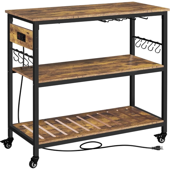 Beran7 Kitchen Island Cart with Power Outlet, Kitchen Carts on Wheels with Storage, 3-Tier Microwave Stand with Foodpads, Glass and Mug Holders, 8 Hooks, Rustic Brown