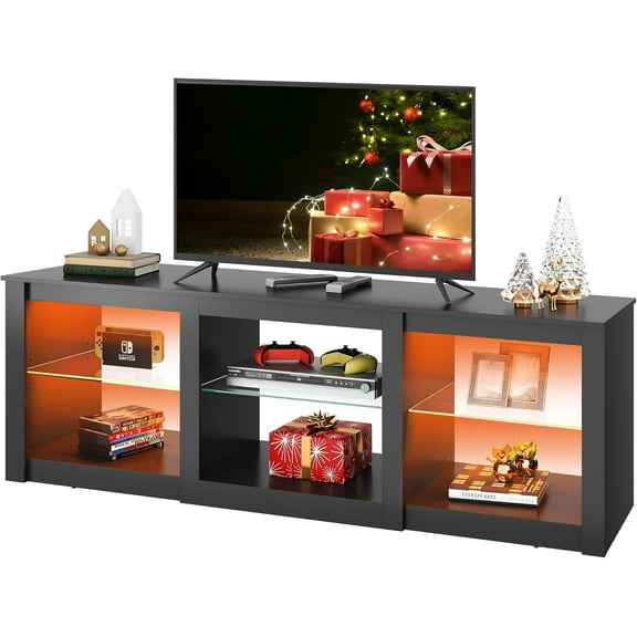 Beran7 LED TV Stan, Modern Entertainment Center with Adjustable Glass Shelves & Customizable LED Lights, Sturdy Media Console for Living Room, Bedroom,Gaming, 58 Inch without Fireplace(Black)