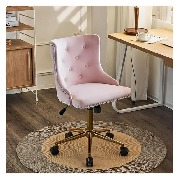Beran7 Light Pink Velvet Armless Home Office Desk Chair with Gold Base/Wheels,Cute Vanity/Makeup Chair with Back for Bedroom, Upholstered Adjustable Rolling Swivel Nail Chair for Women/Girls