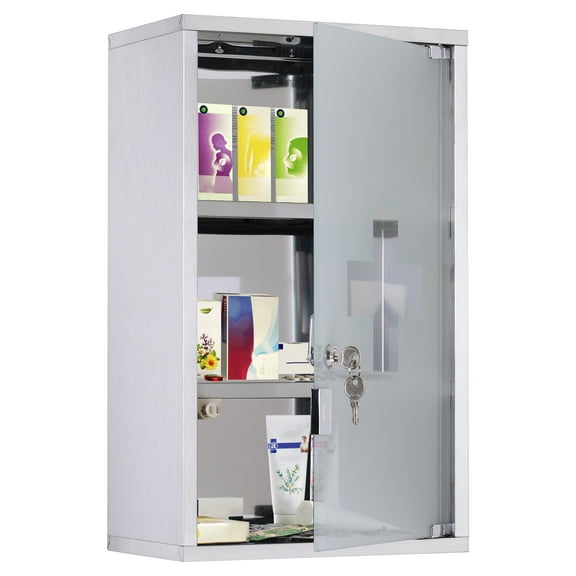 Beran7 Medicine Cabinets with Lock, Wall Mounted Over The Toilet Storage Shelves, First Aid Bathroom Wall Cabinet with Safety Glass Door, Medium,Silver,11.75" x 7" x 19.75"