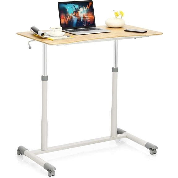 Beran7 Mobile Standing Desk Computer Desk, Height Adjustable Stand Up Table with 4 Wheels, Rolling Compact Standing Desk with Steel Frame, MDF PVC Tabletop, Ideal for Home Office (Natural)