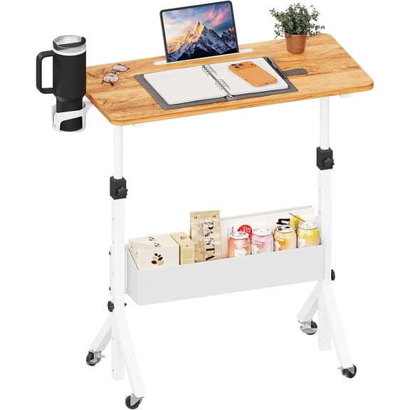 Beran7 Mobile Standing Desk with Wheels, Adjustable Height 28.3″ to 46.3″, Rolling Laptop Cart with Cup Holder, Storage Basket, Computer & Pen Slot, Home Office Stand Up Desk, Light Vintage Brown