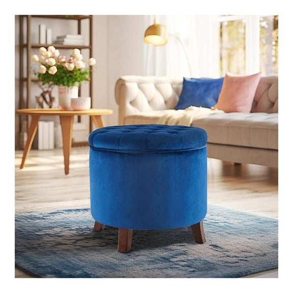 Beran7 Modern Tufted Accent Storage Ottoman, Small Upholstered Button Circle Pouf Footstool with Lift Top, for Bedroom Living Room Vanity - Navy Blue