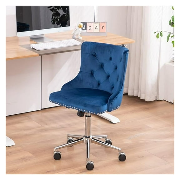 Beran7 Navy Blue Velvet Armless Home Office Desk Chair with Gold Base/Wheels, Cute Vanity/Makeup Chair with Back for Bedroom, Upholstered Adjustable Rolling Swivel Nail Chair for Women/Girls