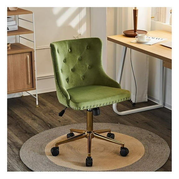 Beran7 Olive Green Velvet Armless Office Desk Chair with Gold Base/Wheels, Small Cute Vanity/Makeup Chair with Back for Bedroom, Upholstered Adjustable Rolling Swivel Nail Chair for Women/Girls