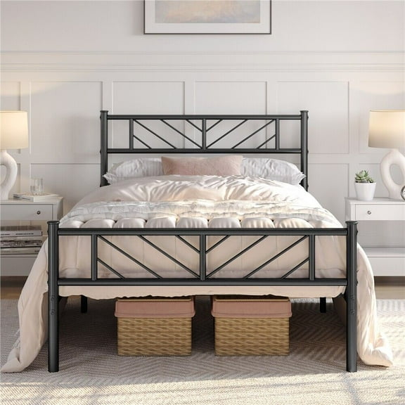 Beran7 Platform Bed Frame with Arrow Design Headboard,  Metal Mattress Foundation for Storage, No Box Spring Needed, Easy Assembly,Twin