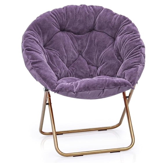 Beran7 Round Folding Faux Fur Saucer Chair for Bedroom Living Room Dorm Garden Courtyard Foldable Metal Frame Oversized Large Comfy Furry Padded Soft Lounge Lazy Cozy Moon Chair for Adults (Purple)