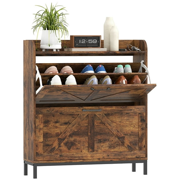 Beran7 Shoe Storage Cabinet with 2 Flip Drawers, Legs, Farmhouse Freestanding Narrow Shoe Cabinet, Slim Hidden Rack Organizer for Entryway, Hallway，Rustic Brown