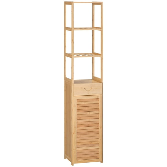 Beran7 Tall Bathroom Cabinet with Drawer and Slatted Shelves Slim Bamboo Linen Tower Freestanding Towel Tan Farmhouse Wood Finish, Natural