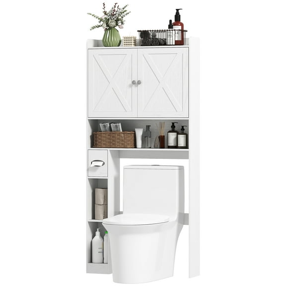 Beran7 Over The Toilet Storage Cabinet, Farmhouse Above Toilet Bathroom Organizer with Barn Doors, Adjustable Shelf, Toilet Paper Holder, Freestanding Space Saver for Laundry