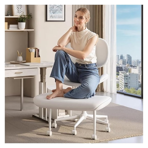 Beran7 Upgraded Cross Legged Office Chair with Wheels, ADHD Chair for Adults, Wider Height Adjustable Backrest and Seat, Meditation Chair, Ergonomic & Yoga Office Chair, PU Leather, Beige, White