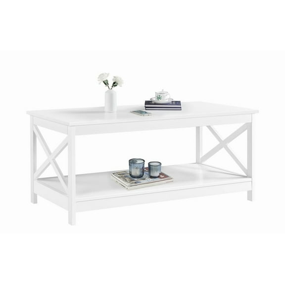 Beran7 Wood 2-Tier Black Coffee Table with Storage Shelf for Living Room, X Design Accent Cocktail Table, Easy Assembly Home Furniture,White
