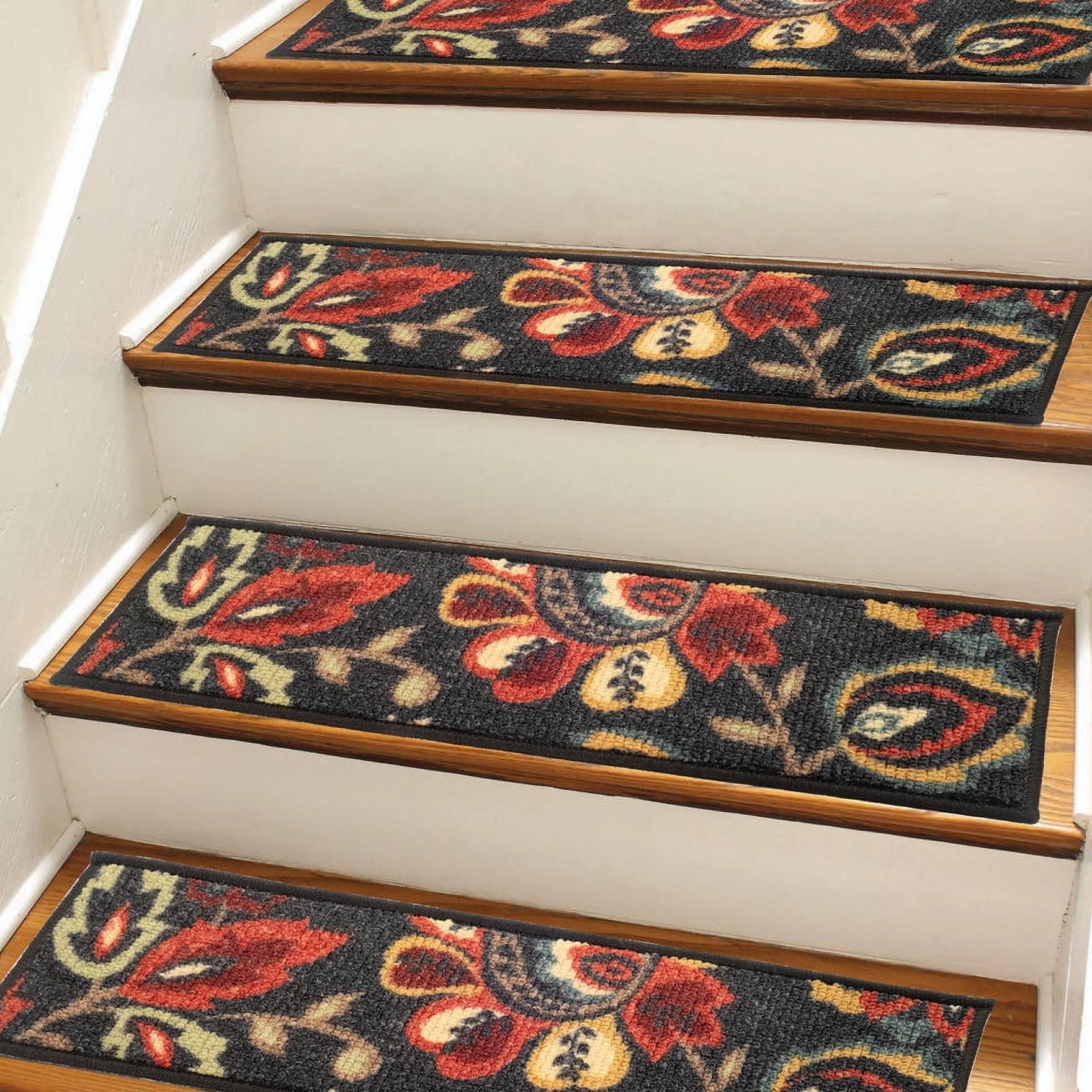 Berber Black Floral Custom Size Slip Resistant Stair Treads 26 Inches Wide 6 Inched Length Set