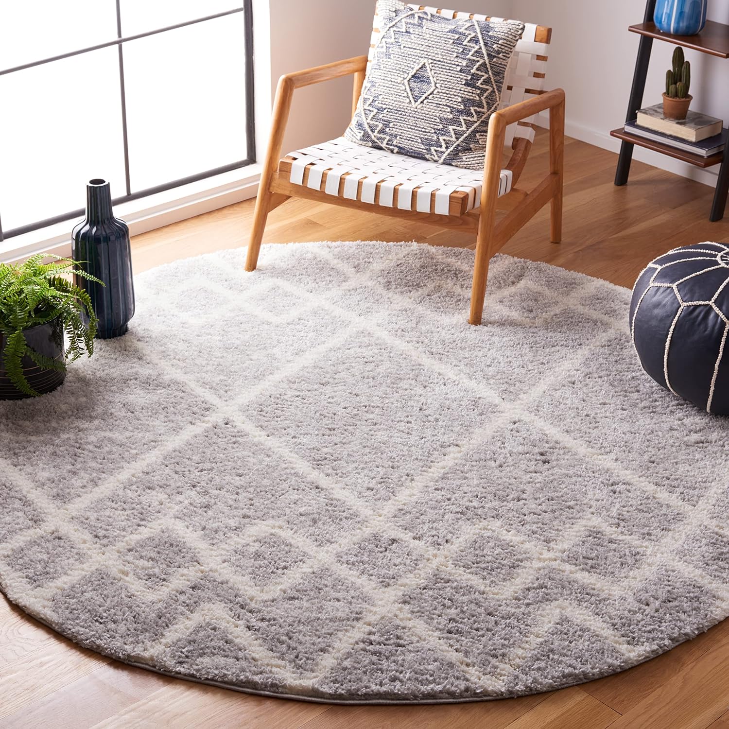 Berber Collection Area Rug 7' Round, Ivory & Grey, Rustic Boho Design