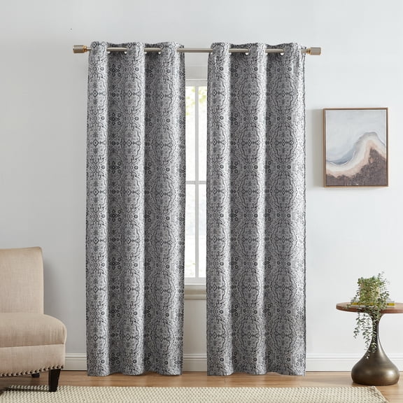 Threadmade Berber Ikat Print Blackout Window Curtain Panel, Set of 2, Charcoal - 37"W x 63"L