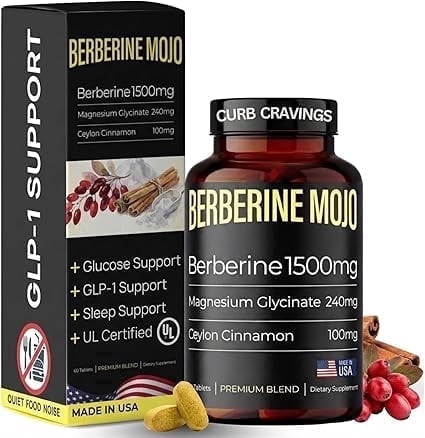 Berberine 1500mg Supplement with Magnesium Glycinate & Ceylon Cinnamon, Weight Management, Glucose & Metabolism Support, Made in USA, 60 Tablets