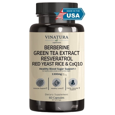 Vinatura Berberine HCL & Ceylon Cinnamon - Red Yeast Rice & CoQ10 1300mg per Serving - Green Tea Extract, Resveratrol, Magnesium, Chromium Picolinate