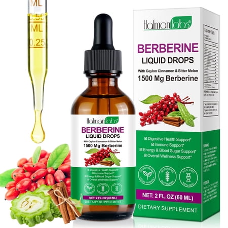 Berberine Liquid Drops 1500 mg with Ceylon Cinnamon & Bitter Melon, Supports Digestive Wellness & Daily Vitality, Vegan, Gluten-Free, 2 fl oz