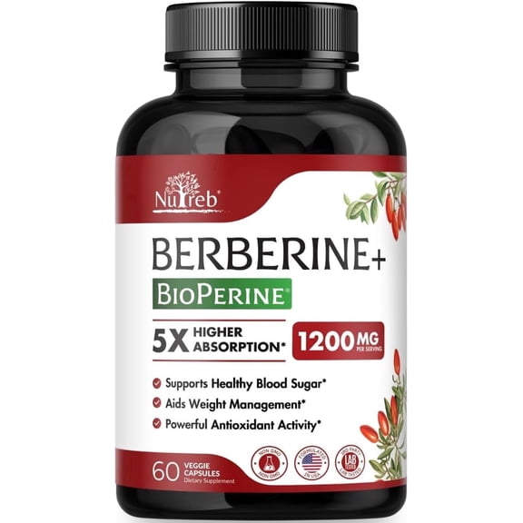 Berberine Supplement 1200mg - 5X Higher Absorption - Ultra Pure Berberine HCL - Healthy Weight Management, Immune Support - Non GMO, Manufactured in USA - 60 Vegan Capsules