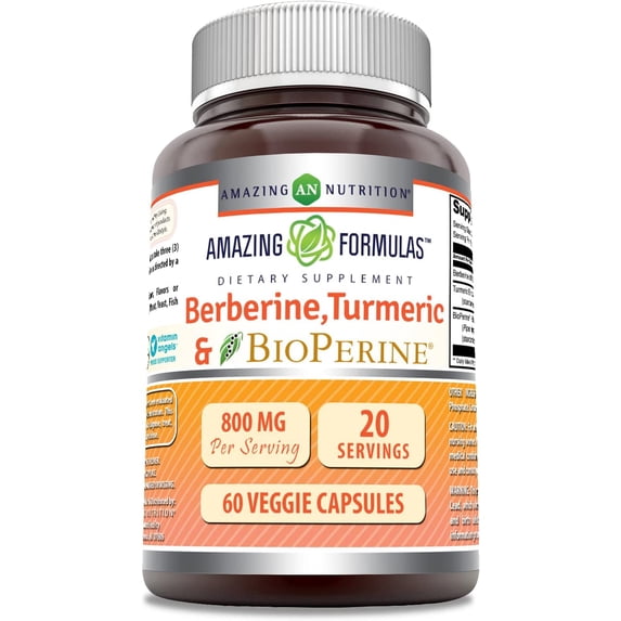 Amazing Formulas Berberine Turmeric & Bioperine 800mg Per Serving 60 Veggie Capsules Supplement | Non GMO | Gluten Free | Made in USA | Ideal for Vegetarians