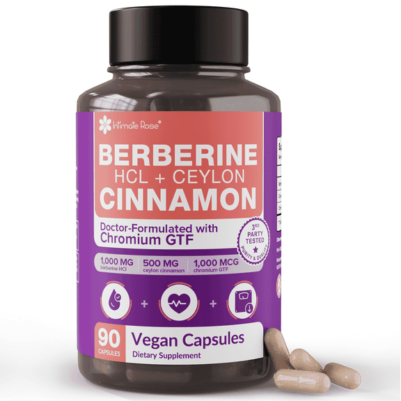 Intimate Rose Berberine Supplement 1000mg with Ceylon Cinnamon & Chromium - 3-in-1 Metabolism Support Complex, Vegan & Non-GMO, 90 Veggie Capsules
