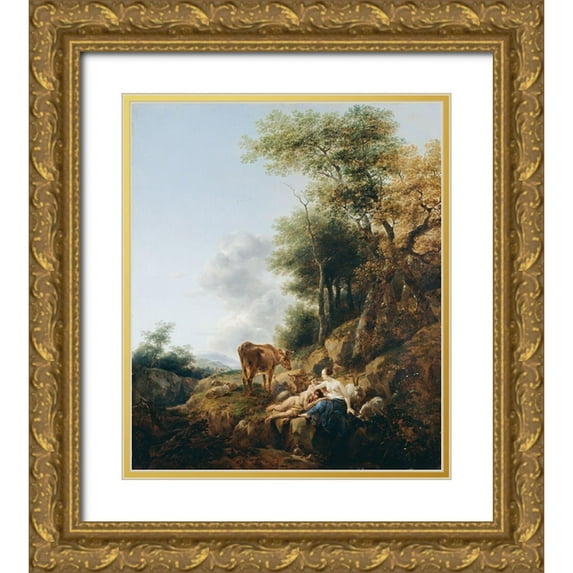 Berchem, Nicolaes 12x13 Gold Ornate Wood Framed with Double Matting Museum Art Print Titled - Landscape with a Nymph and a Satyr