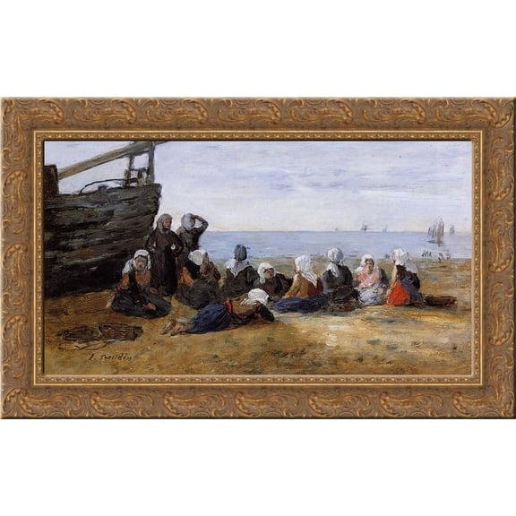Berck, Group of Fishwomen Seated on the Beach 24x16 Gold Ornate Wood Framed Canvas Art by Eugene Boudin