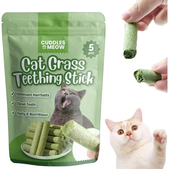 Cat Grass Teething Sticks, Chew Sticks for Cats, Cat Teeth Cleaning Cat Grass Stick, Catnip Toys Sticks Indoor Kitten Chew Stick Cat Teething Toy for Hairball Removal (1bag/5pcs)