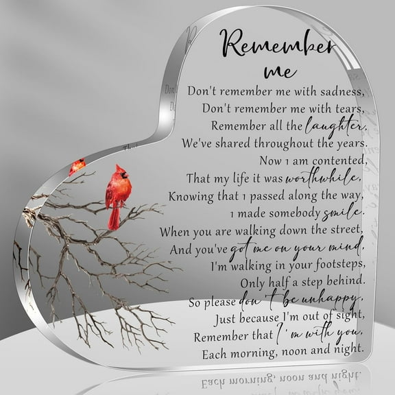Bereavement Acrylic Heart Sign Gifts, Sympathy Gift for Loss of Loved One Remembrance Decor, Angel Red Cardinal Acrylic Memorial Gift, Table Decor (Remember Me)