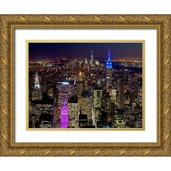 Berenholtz, Richard 32x25 Gold Ornate Wood Framed with Double Matting Museum Art Print Titled - Midtown and Lower Manhattan at night