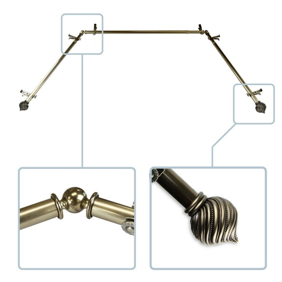 Berenice 13/16" Bay Window curtain rod 20"-36", 38"-72" - Antique Brass,(ABay-93-4)