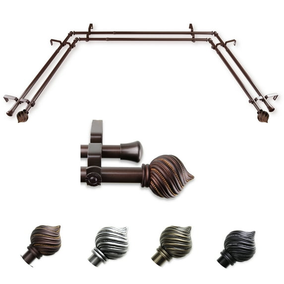 Berenice 13/16" Double Bay Window curtain rod Adjustable 20"-36", 38"-72" - Cocoa,(ABay-93-7D)